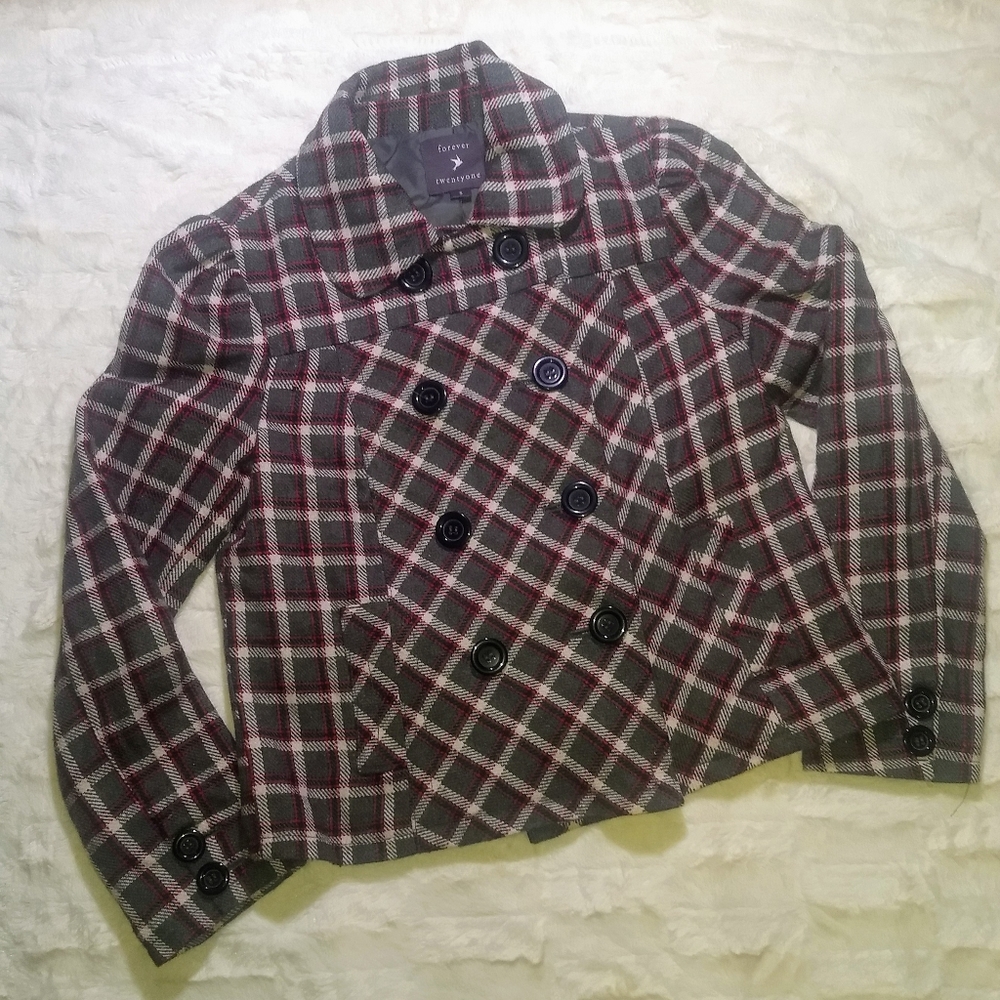 Forever 21 gray/red/white Plaid Cropped Pea Coat S
